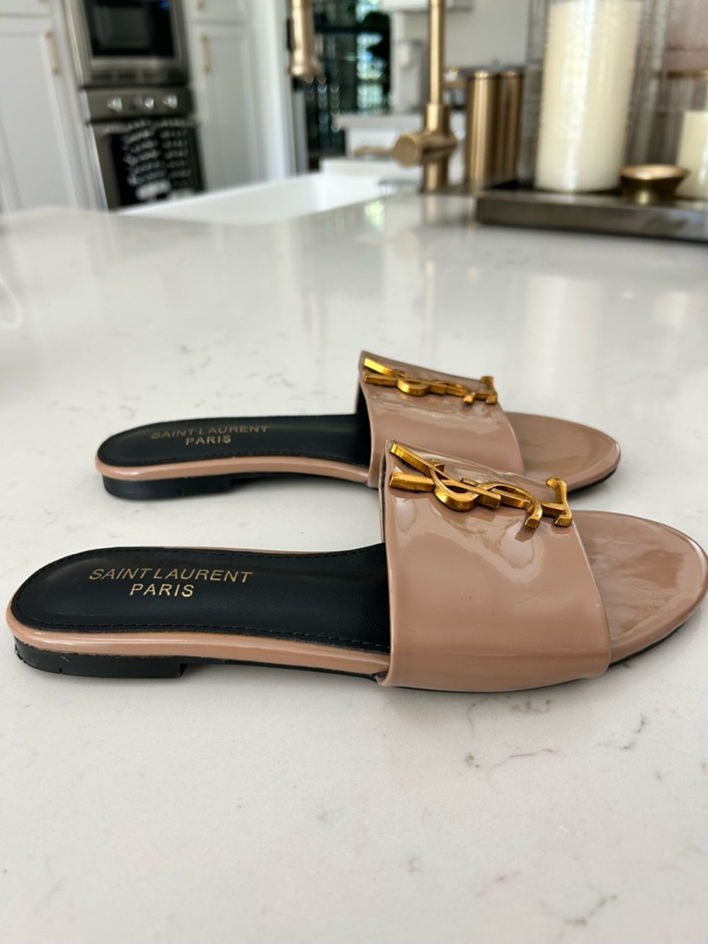 Nude Patent Leather Slide Mules with Gold Hardware